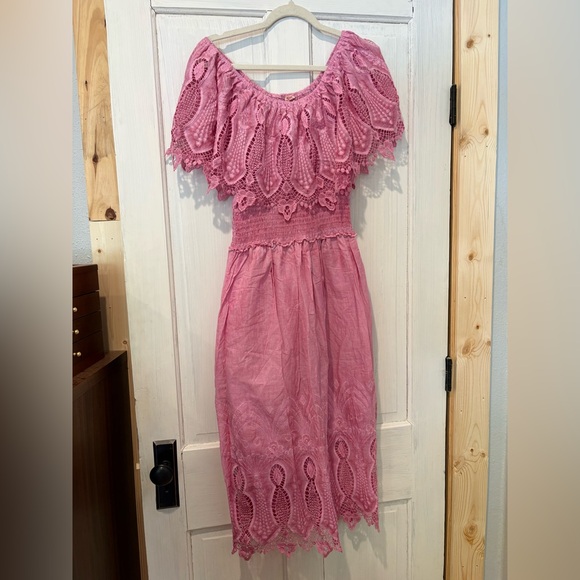 Reba Dresses & Skirts - Reba Pink Lace Off-Shoulder Midi Dress